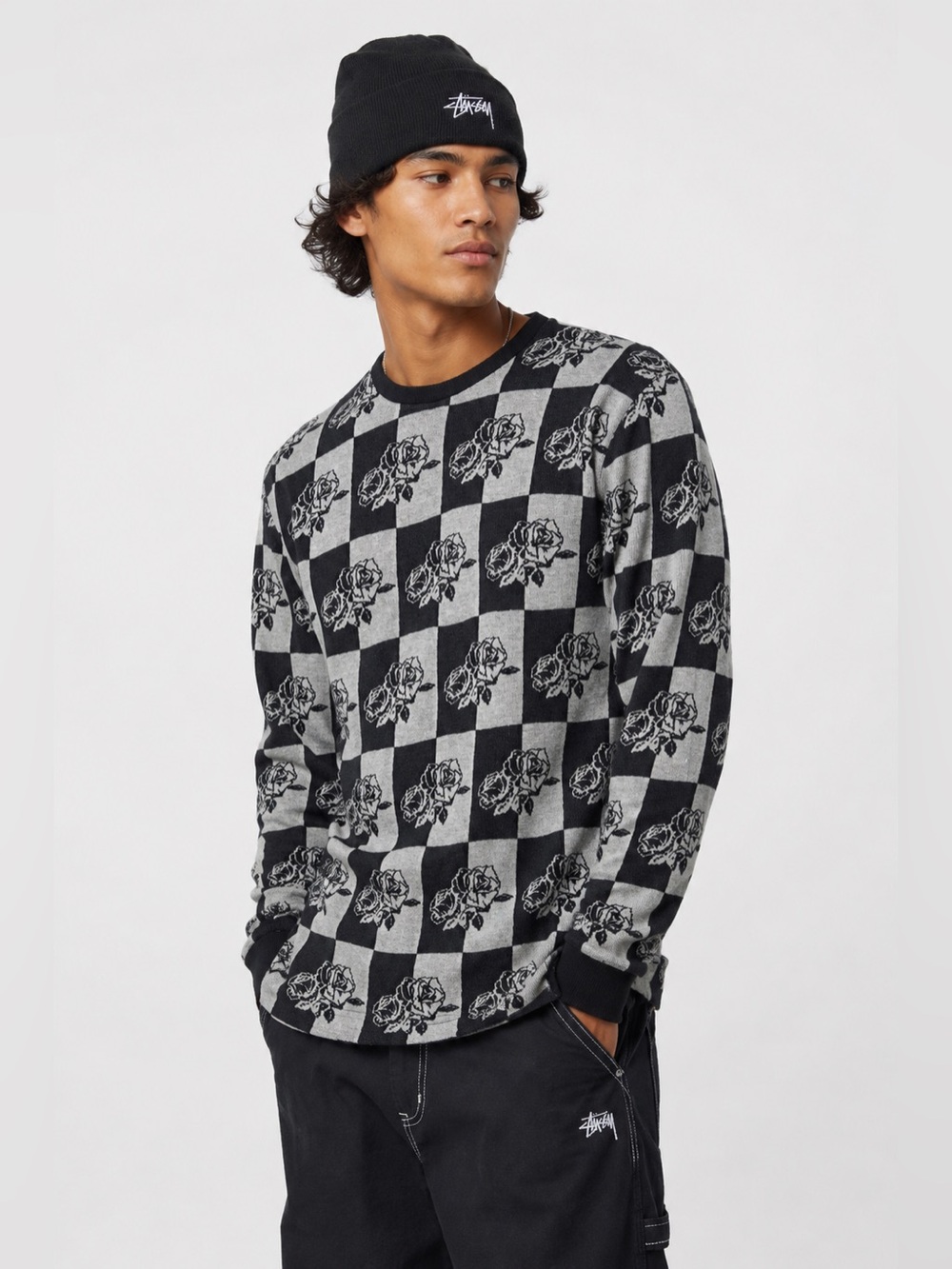 Stussy Rose Jacquard Long Sleeve Shirt Black Gray Checkerboard Skater Small